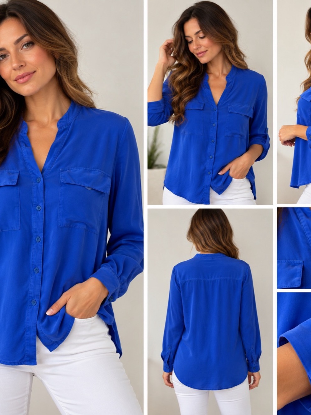 Page & Olive 100% Silk Royal Blue Button-Up Blouse Size 1X
